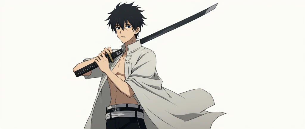 Yuta okkotsu, (jujutsu kaisen), (Black hair), (hair cut), black eyes, (dark circles under the eyes), serious expression, white jujutsu uniform coat with ring, (black pants), (white belt waist), (holding katana), (masterpiece), (anime screencap), (handsome), (young man)