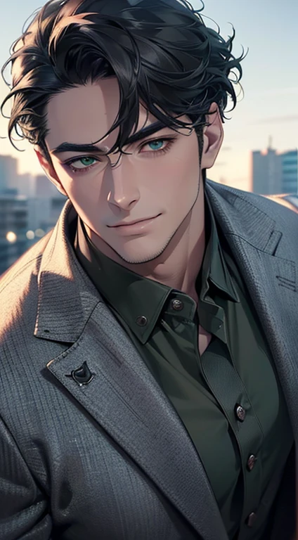 (best quality,4k,8k,highres,masterpiece:1.2),ultra-detailed,(realistic,photorealistic,photo-realistic:1.37),cinematic lighting,1:4 hdr image,a mature man, 2,very handsome,cold expression smile in love, short grey black hair, green eyes,flawless face,buttoning his jacket,CEO