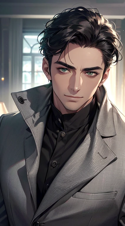 (best quality,4k,8k,highres,masterpiece:1.2),ultra-detailed,(realistic,photorealistic,photo-realistic:1.37),cinematic lighting,1:4 hdr image,a mature man, 2,very handsome,cold expression smile in love, short grey black hair, green eyes,flawless face,buttoning his jacket,CEO