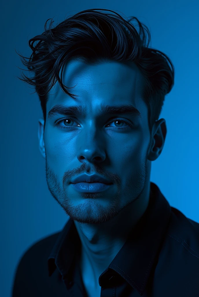 a monochrome illustration using converging lines, a young and handsome man, blue background, (best quality,4k,8k,highres,masterpiece:1.2),ultra-detailed,(realistic,photorealistic,photo-realistic:1.37),portrait,dramatic lighting,chiaroscuro,cinematic,moody,atmospheric,highly detailed facial features,piercing eyes,sharp jawline,elegant pose,fashion portrait
