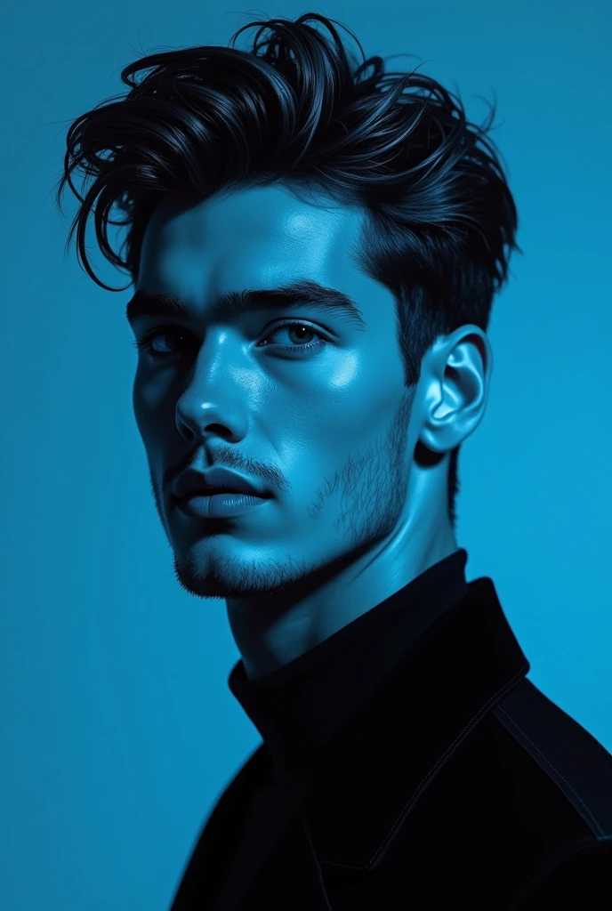 a monochrome illustration using converging lines, a young and handsome man, blue background, (best quality,4k,8k,highres,masterpiece:1.2),ultra-detailed,(realistic,photorealistic,photo-realistic:1.37),portrait,dramatic lighting,chiaroscuro,cinematic,moody,atmospheric,highly detailed facial features,piercing eyes,sharp jawline,elegant pose,fashion portrait