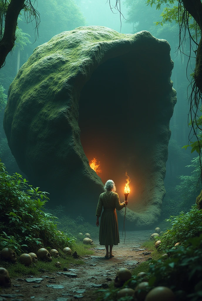 a highly detailed moss green oyster shell, giant open mouth stone cockle, in lush jungle, glowing magical interior, solo old woman walking with shocked expression, hand holding torch, horror scene, 4k, best quality, 8k, highres, masterpiece:1.2, ultra-detailed, realistic, photorealistic:1.37, HDR, UHD, studio lighting, ultra-fine painting, sharp focus, physically-based rendering, extreme detail description, professional, vivid colors, bokeh, dark, moody, cinematic, dramatic lighting. very nightmare. old lady cover head. human skull everwhere on the ground.
