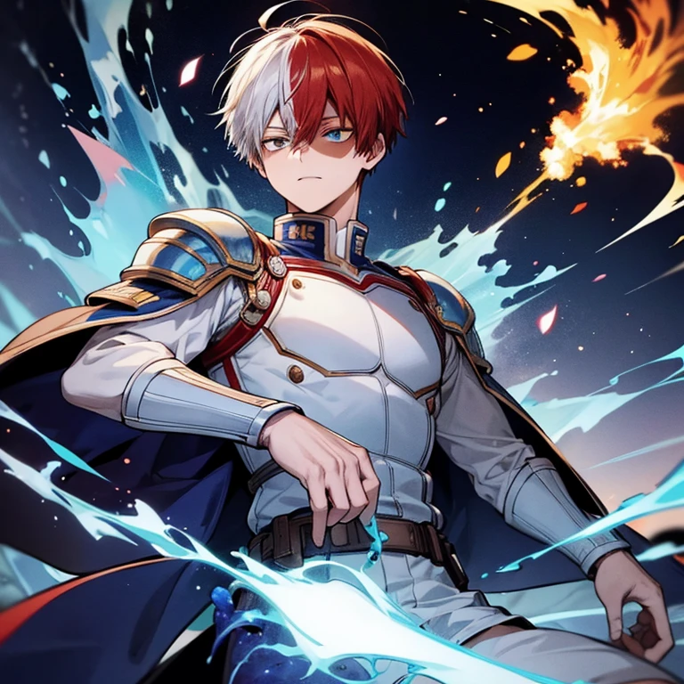 Ultra detailed, high resolution, absurd, HDR, masterpiece, Todoroki Shouto, two-color hair, white right side, red left side, heterochromia, gray right eye, blue left eye, Boku No Hero Academia, Knight of the Round Table, Saber, Fate, Excalibur, handsome man, sexy, alone, best quality, flowers, bright blue fireflies, blue clothing, ice and fire, magical,