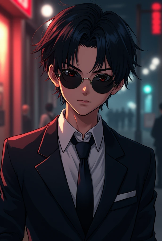 Create a profile pic anime mafia boy with sunglasses on. Both shoulders must be seen