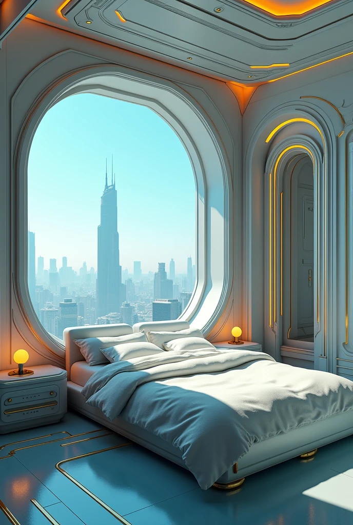 A Gorgeous Sci-Fi Bedroom Matte Painting by John Harris, sparth 和 greg rutkowski. Sharp Edges, Tiffany Blue, Gray-orange, White and Gold. Sci-fi bedroom in the space base, Outside the window is the city skyline of the future, Lighting Effects. Ultra-clear and detailed, 3 d, Octane Rendering. Eight thousand