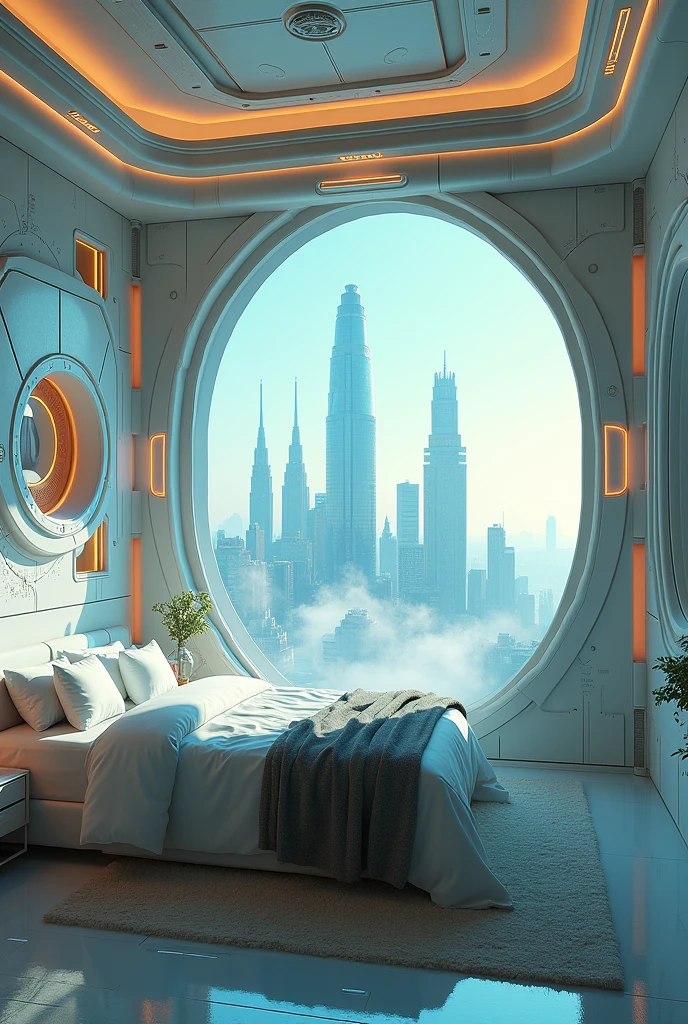 A Gorgeous Sci-Fi Bedroom Matte Painting by John Harris, sparth 和 greg rutkowski. Sharp Edges, Tiffany Blue, Gray-orange, White and Gold. Sci-fi bedroom in the space base, Outside the window is the city skyline of the future, Lighting Effects. Ultra-clear and detailed, 3 d, Octane Rendering. Eight thousand