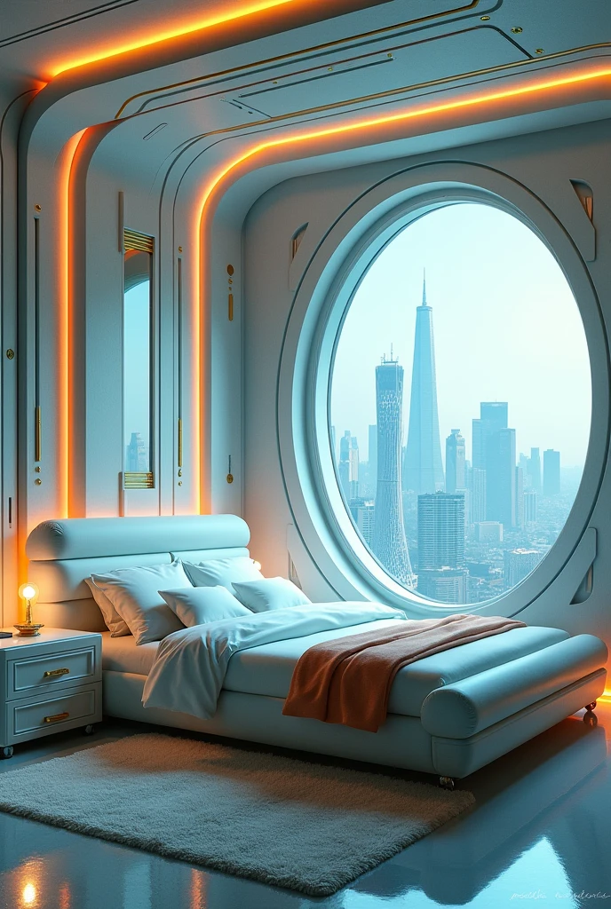 A Gorgeous Sci-Fi Bedroom Matte Painting by John Harris, sparth 和 greg rutkowski. Sharp Edges, Tiffany Blue, Gray-orange, White and Gold. Sci-fi bedroom in the space base, Outside the window is the city skyline of the future, Lighting Effects. Ultra-clear and detailed, 3 d, Octane Rendering. Eight thousand