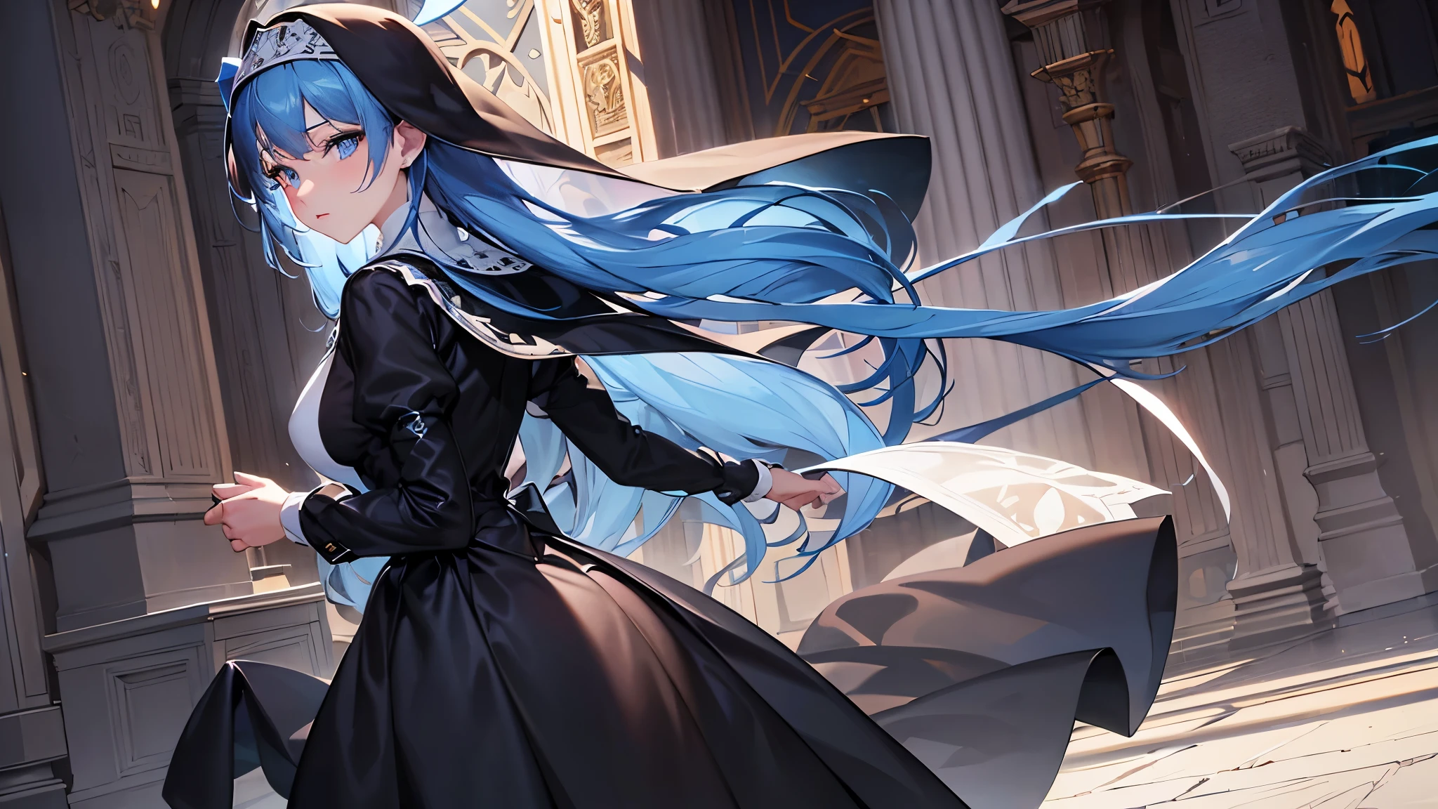 masterpiece, best quality, (extremely detailed CG unity 8k wallpaper), (best quality), (best illustration), (best shadow), absurdres, realistic lighting, High definition, Lady, solo, nun, loose outfit, prim, long veil, topaz blue eyes, perfect face, elegant, (topaz blue hair: 1.2), proper pose, effect background, art by guweiz