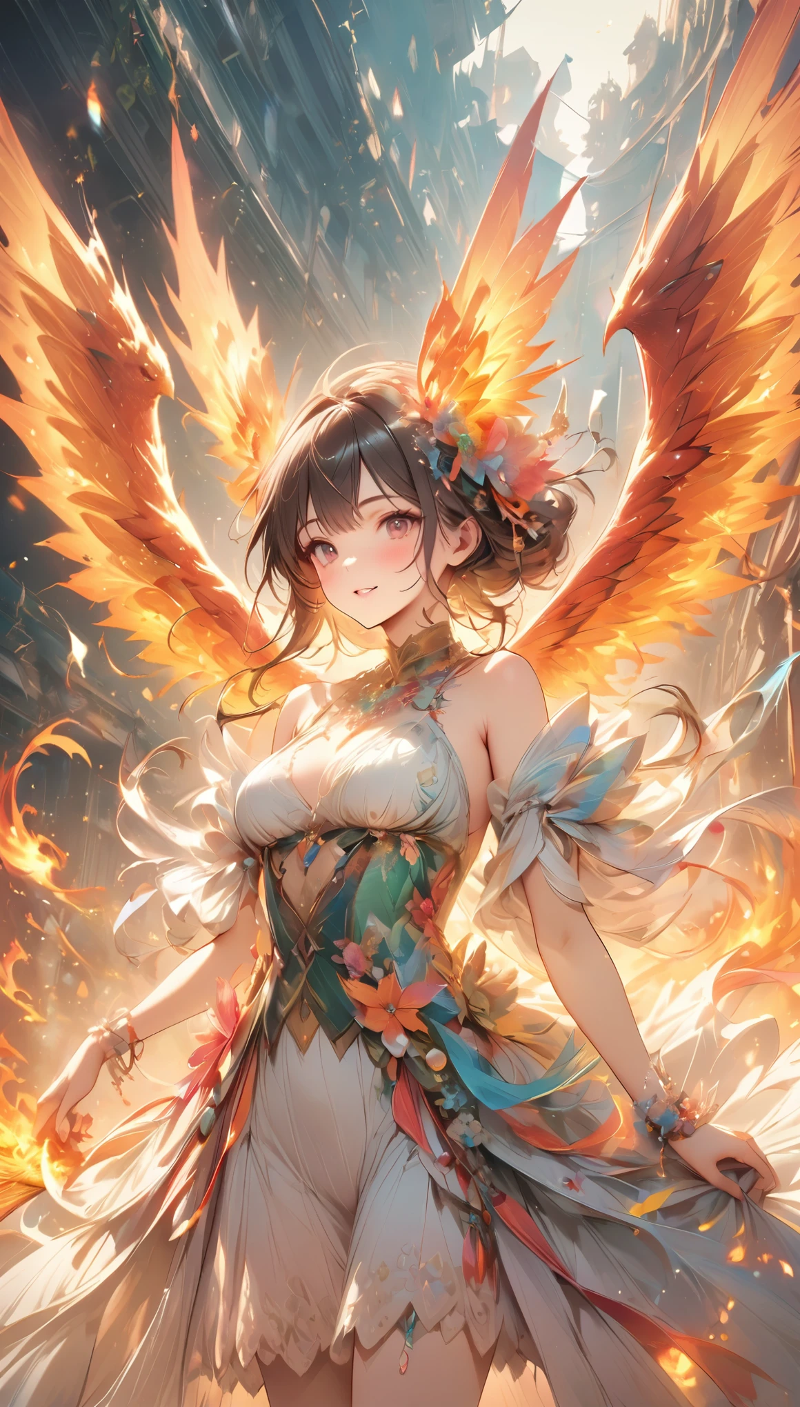 Pale colors, ((Astonishingly absurd)), Ultra high resolution, Attention to detail, High quality, High resolution, Top quality, 4K, 8k, Artwork, Fantastic work,faize、embroidery、Old tapestry、Phoenix、Spread your wings wide and fly in the sky、Long tail feathers are distinctive、Expressed by the heat haze of flames、Firebird