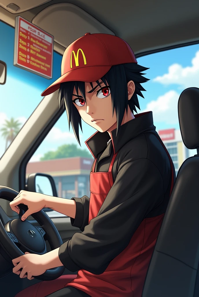 Uchiha Sasuke as a Mc Donald's Employee work at drive thru with a Mc Donald's cap
With an annoyed face. With sharingan and a mic

