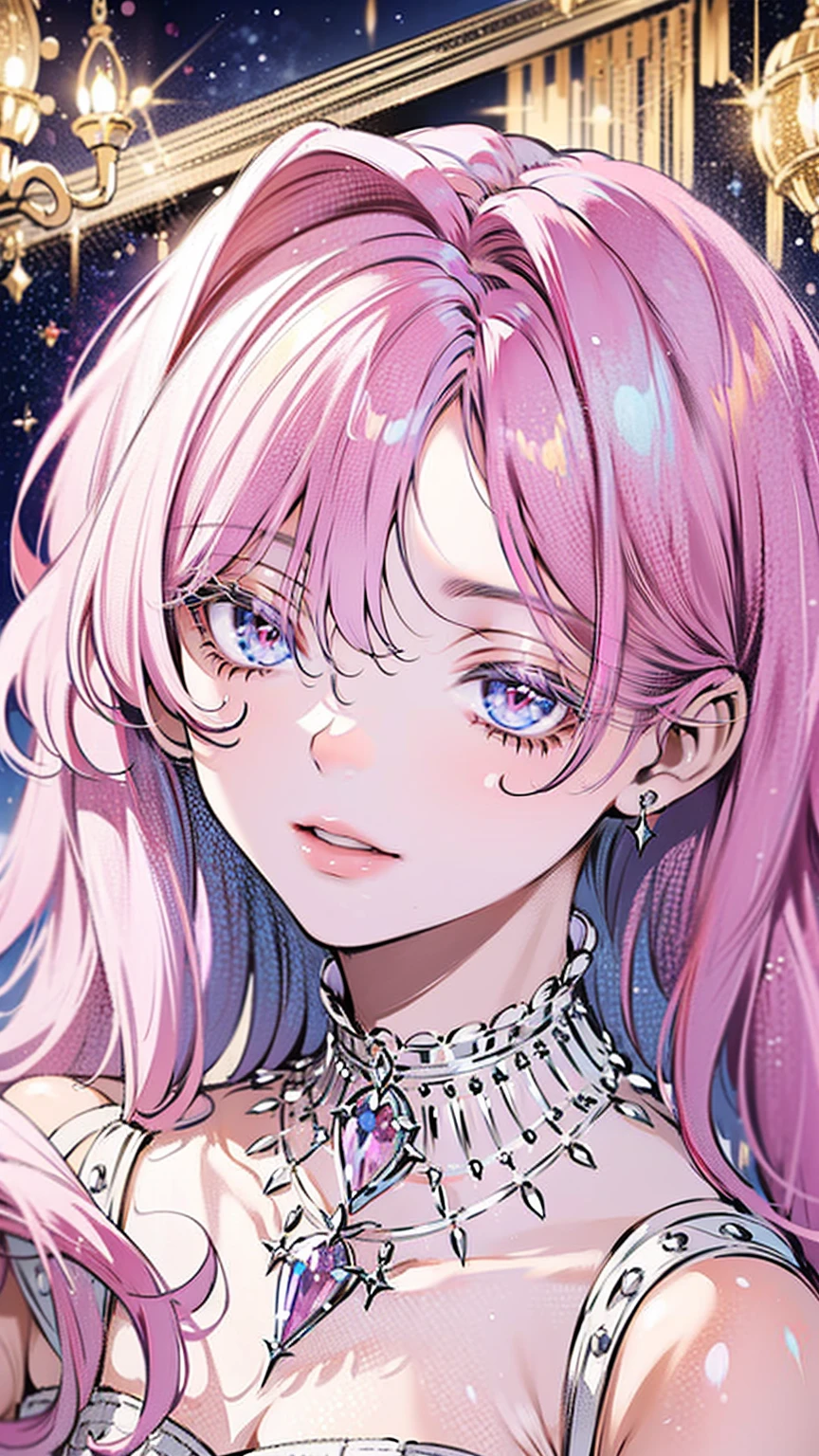((best quality)), ((ultra high definition)), ((masterpiece)), ((Romance Fantasy)), ((illustration)), (detailed), (clear), (Perfect), 1 woman, mature, beautiful, pure, calm, long pink hair with bangs, straight hair, white skin, Sapphire blue eyes, Deep double eyelids, abundant eyelashes, pretty lips, big bust, small waist, A gorgeous purple dress, diamond studded necklace, diamond tiara, ceiling with chandelier, A splendid banquet hall