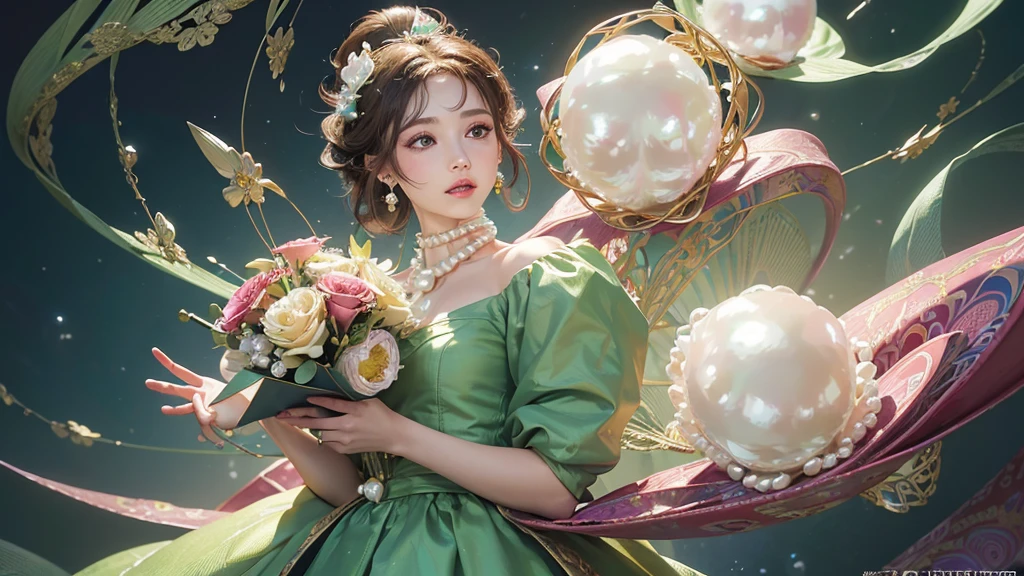 32K, 最高quality, 最高masterpiece, (ultra-Detailed Background, Detailed Background), High resolution, Super detailed, Very detailedな, 1 personの, (bouquet:1.3), (Tangled:1.2), (Geometric:1.2),(colorful),(masterpiece, quality, best quality, Official Art, Beautiful and beautiful:1.2), (1 person:1.3), Very detailed,(colorful:1.1)(Flowers:1.3),Most detailed,(Tangled:1.2), whole body, (Abstract background:1.3), (Skin glows), (Many colors:1.4), ,(Earrings Pearl:1.5), Light green background, It's imaginative., Brunette Hair, Updo, Holding a book, Holding a pen, Satin blouse,