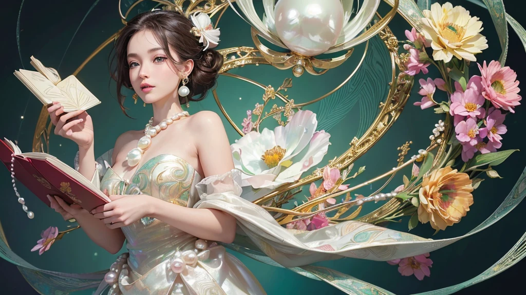 32K, 最高quality, 最高masterpiece, (ultra-Detailed Background, Detailed Background), High resolution, Super detailed, Very detailedな, 1 personの, (bouquet:1.3), (Tangled:1.2), (Geometric:1.2),(colorful),(masterpiece, quality, best quality, Official Art, Beautiful and beautiful:1.2), (1 person:1.3), Very detailed,(colorful:1.1)(Flowers:1.3),Most detailed,(Tangled:1.2), whole body, (Abstract background:1.3), (Skin glows), (Many colors:1.4), ,(Earrings Pearl:1.5), Light green background, It's imaginative., Brunette Hair, Updo, Holding a book, Holding a pen, Satin blouse,