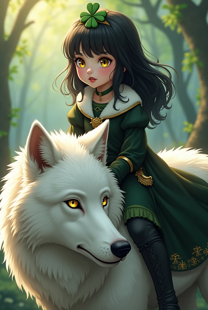Black Clover little black-haired princess with yellow eyes sitting on a white wolf 
