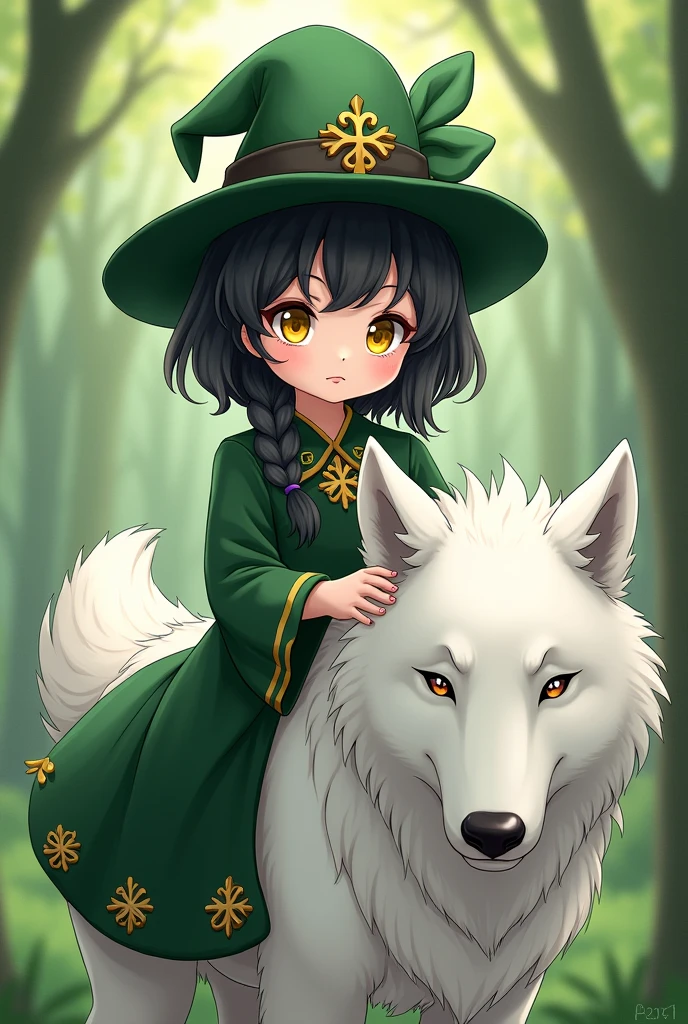 Black Clover little black-haired princess with yellow eyes sitting on a white wolf
