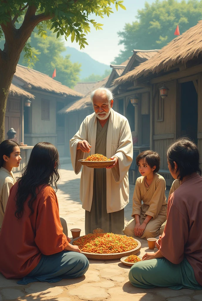 In a villege 100 of people sitting for food and 1 person giving food
