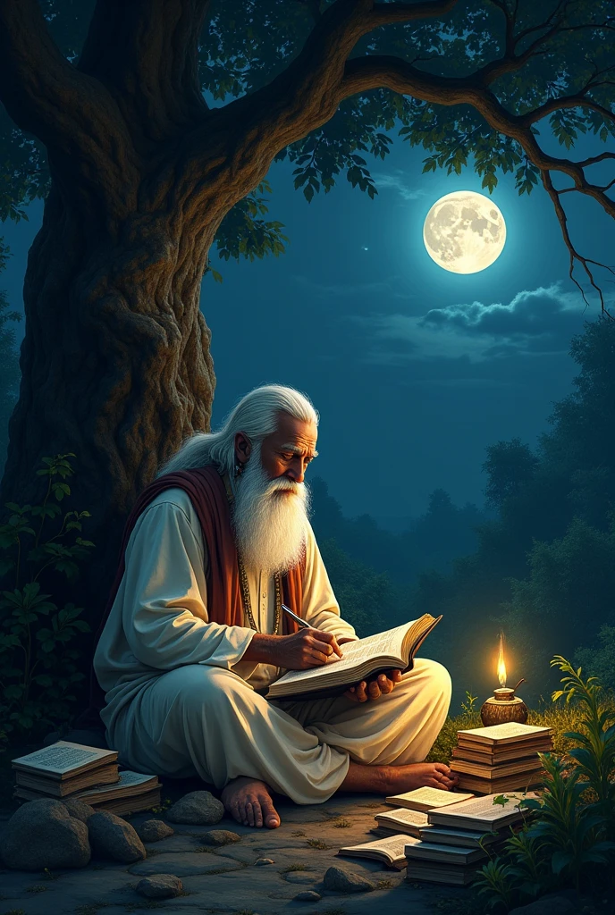 Old old bramhana person with white beard writes lot of books under a tree in the middle of forest at night time with full moon and he writes under the lamp