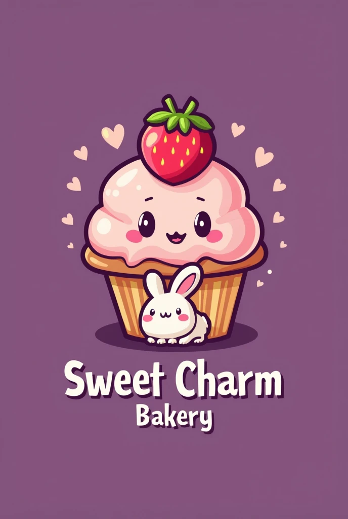 Make a logo for a bakery called Sweet Charm, the logo should contain a cupcake with a strawberry on top and a rabbit, the background should be purple and the rabbit at the bottom