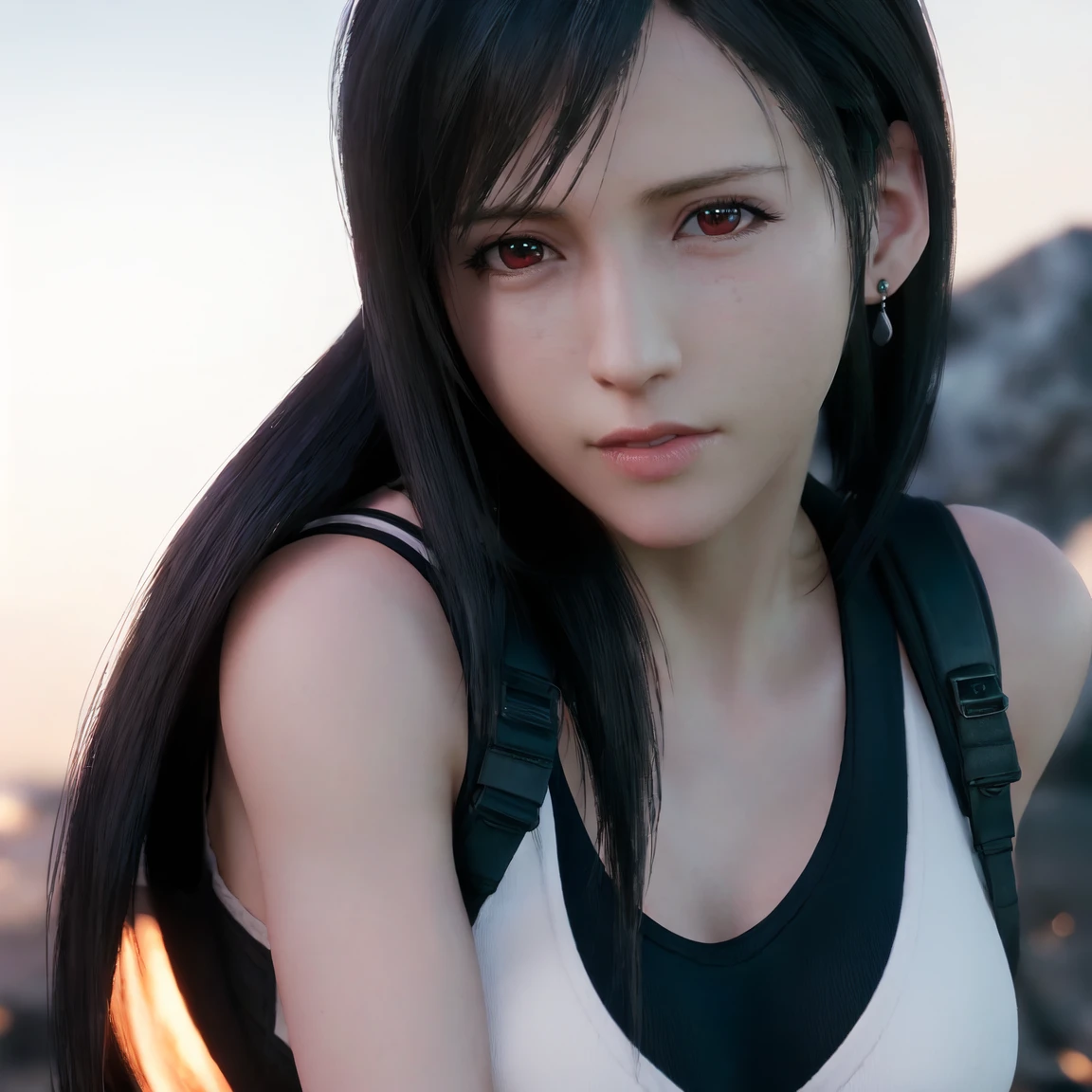 ff7r style,(FF7,Tifa Lockhart:1.3),(photo-realistic,perfect-anatomy:1.3),(hyper detailed, masterpiece:1.2), best quality,RAW photo, exquisite, beautiful ,sharp focus, depth of field ,blur background, bokeh ,Cinematic lighting,((female)),(21yo:1.3),(sprinting),hair blowing in the wind,looking at viewer,Celestial Glacier