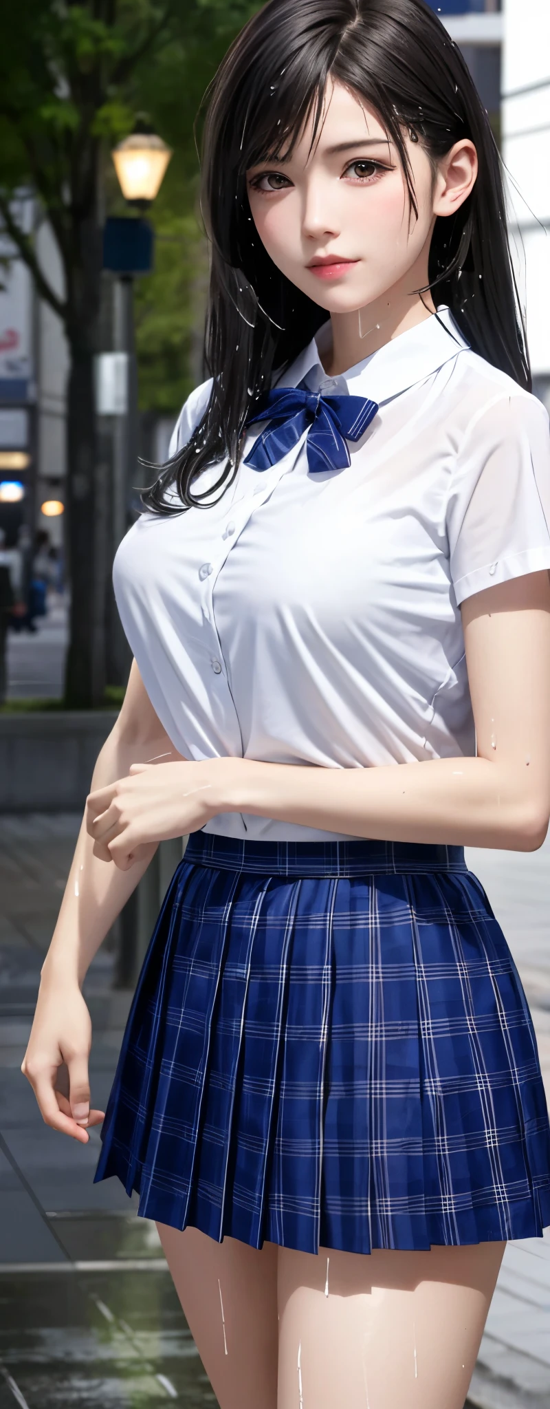 {top quality, masterpiece}, (Realistic: 1.3), (photo Realistic: 1.3), wallpapers,
BREAK {{{FF7, Tifa_lockhart, solo}}},{{{Japan JK uniform, White short-sleeved shirt, Navy Blue Plaid Pleated Skirt, Dark blue short socks, loafers, Wet clothes, see through shirt}}}, Ultra-detailed face, Detailed eyes, Red eyes, (black brown hair, Large breasts: 1.2), (all body soaked:1.3), About 1, 
BREAK {{{(gravure pose, Nogizaka idol}}},(no bra), kawaii, (face focus:1.2), sensual, looking at viewer, Beautiful legs, {{{erotic face, erotic eyes, erotic mouth}}}, {{{walking}}},
BREAK girl in the rain, (Soaking get soaking wet, get soaked, at night ,dark:1.2), (background big city,shibuya:1.1)
 