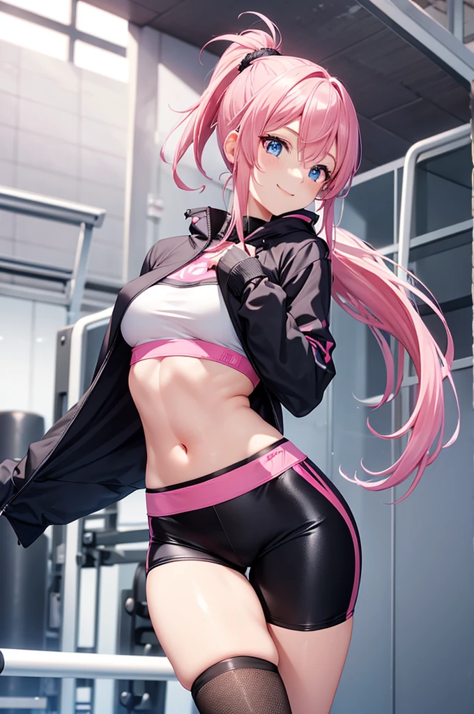 (Active women), (Pink Ponytail),(Pink long hair),Sapphire-like blue eyes,Black hot pants,Exposing the abdomen, Medium chest, Thin thighs, Slender legs, Lace Coat, sports gym, smile