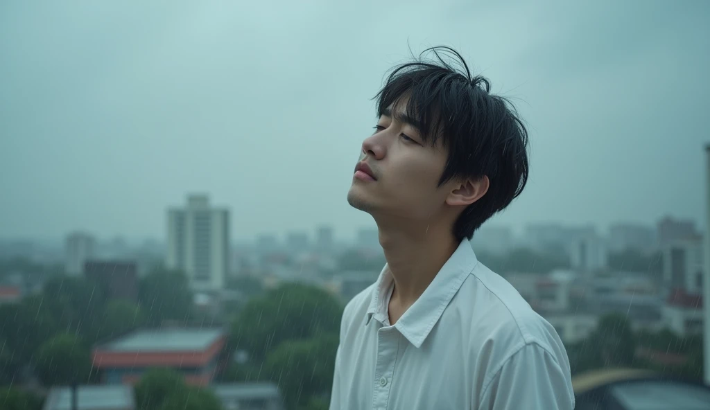 A male Japanese college student wearing white clothes is looking down at the ground with a gloomy expression on top of a building,Excited, Photo of your face, In the pouring rain, with a natural look, With a slightly tired look, tilt your face a little, Diagonal orientation, Average face