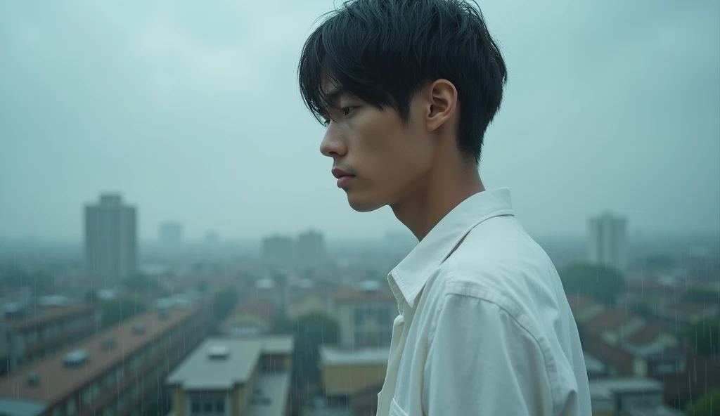 A male Japanese college student wearing white clothes is looking down at the ground with a gloomy expression on top of a building,Excited, Photo of your face, In the pouring rain, with a natural look, With a slightly tired look, tilt your face a little, Diagonal orientation, Average face