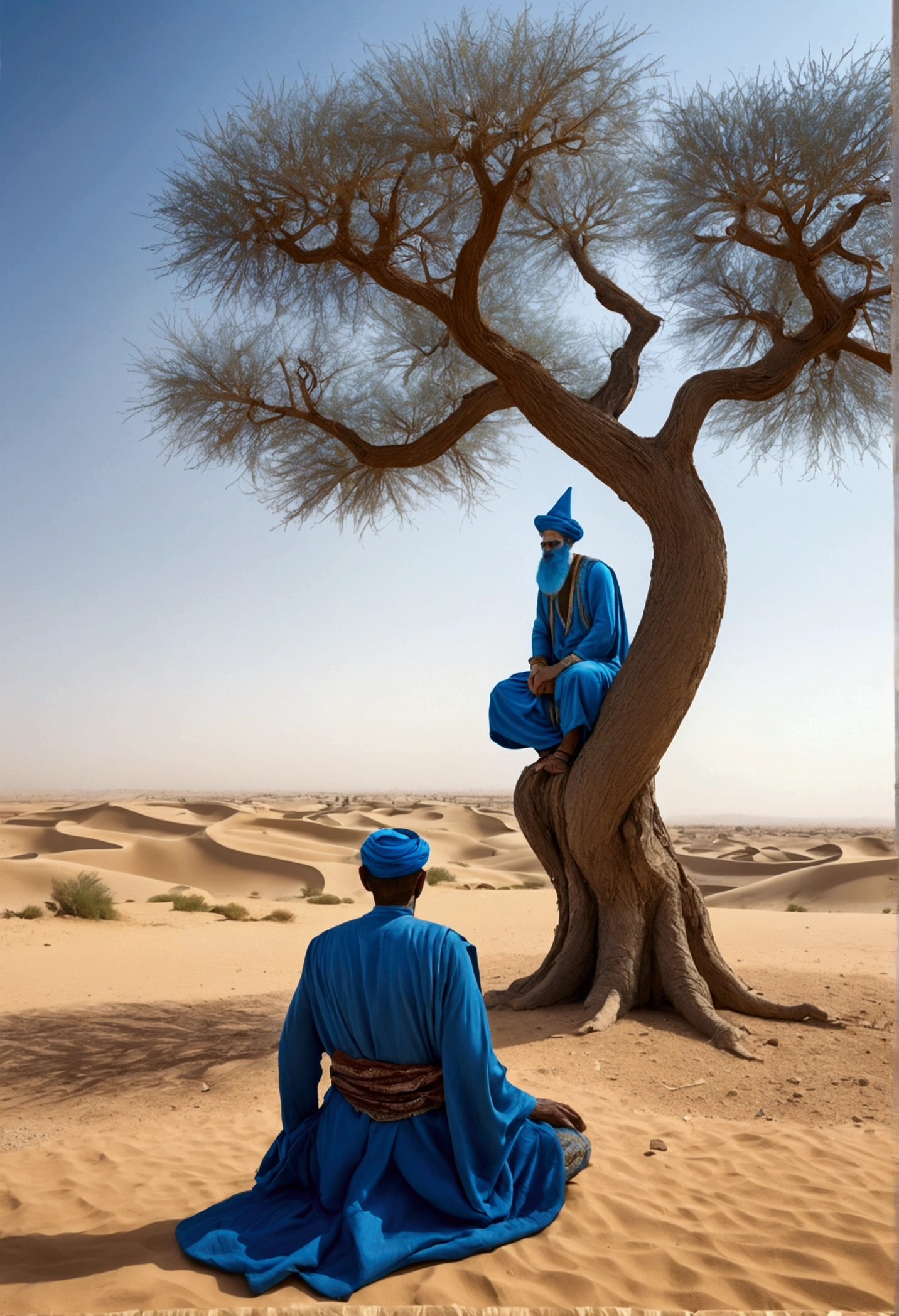 Realistic wide view from the pre-Islamic era of a man and a giant blue genie reaching up to the sky. The man is a Bedouin sitting under a tree in the desert. The huge genie stands in front of him looking at him. The view is from a high angle.