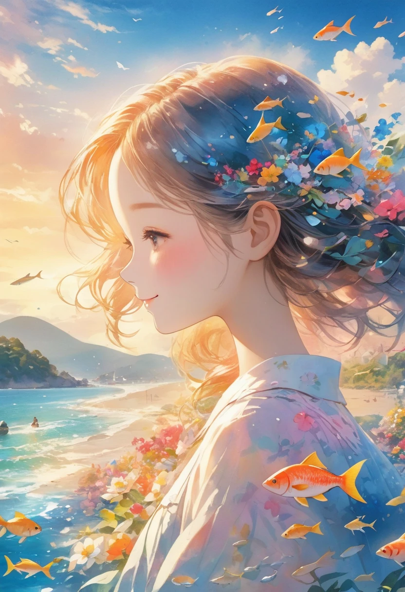 In the beautiful sea、Air bubbles、bubble、A smiling woman wading through a colorful and beautiful ocean landscape(Detailed face), A lot of fish in pop colors are swimming.、Sparkling shells scattered around