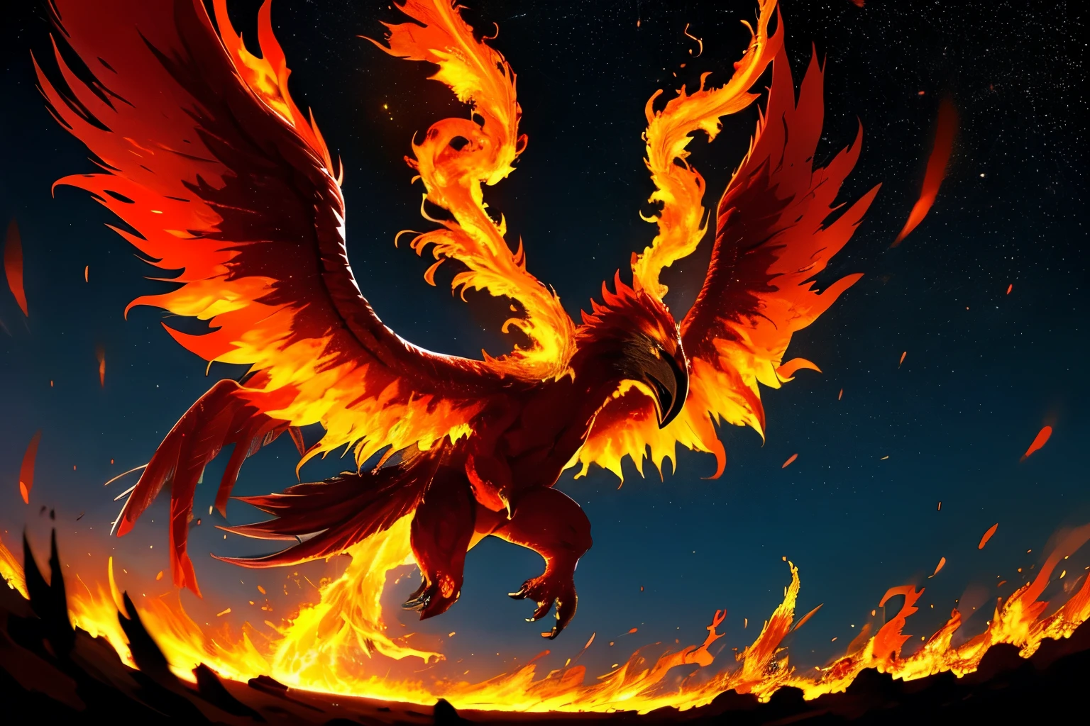 best quality, masterpiece, (A battered red phoenix that was slammed to the ground spreads its wings again:1.5)、(King Ghidorah style)、(Fire Daruma)、(fireball)、(Head looking up to the sky)、(Phoenix feathers fly into the sky in great numbers.:1.5)、(Sharp Eyes:1.3)、(Sharp beak)、(low angle:1.3)、(In the Fire)、(Backlight)、(The sky is deep darkness)、(Phoenix:1.5)、(Starry Sky:1.5)