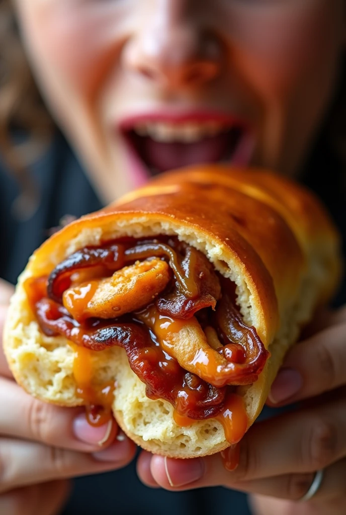i want a thumbnai for youtube video of me eating a bbq roll with chicken onions n sauces stuffed inside