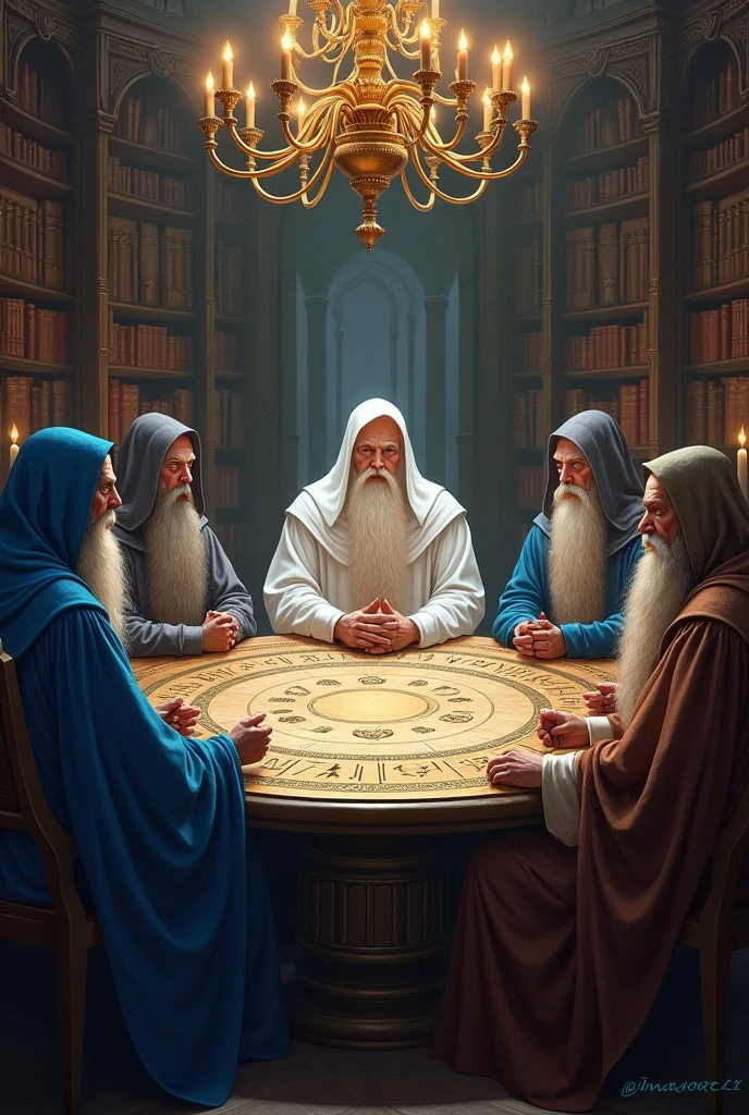 A council of wizards at a roundtable. One is White who is at the head of the table, 2 blue wizards, 1 grey wizard, and 1 brown wizard.