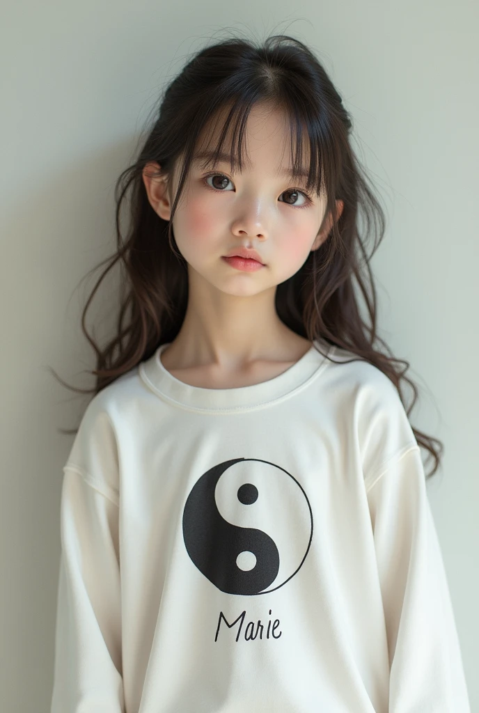 a girl with white shirt, with Marie in the shirt and this logo ☯︎