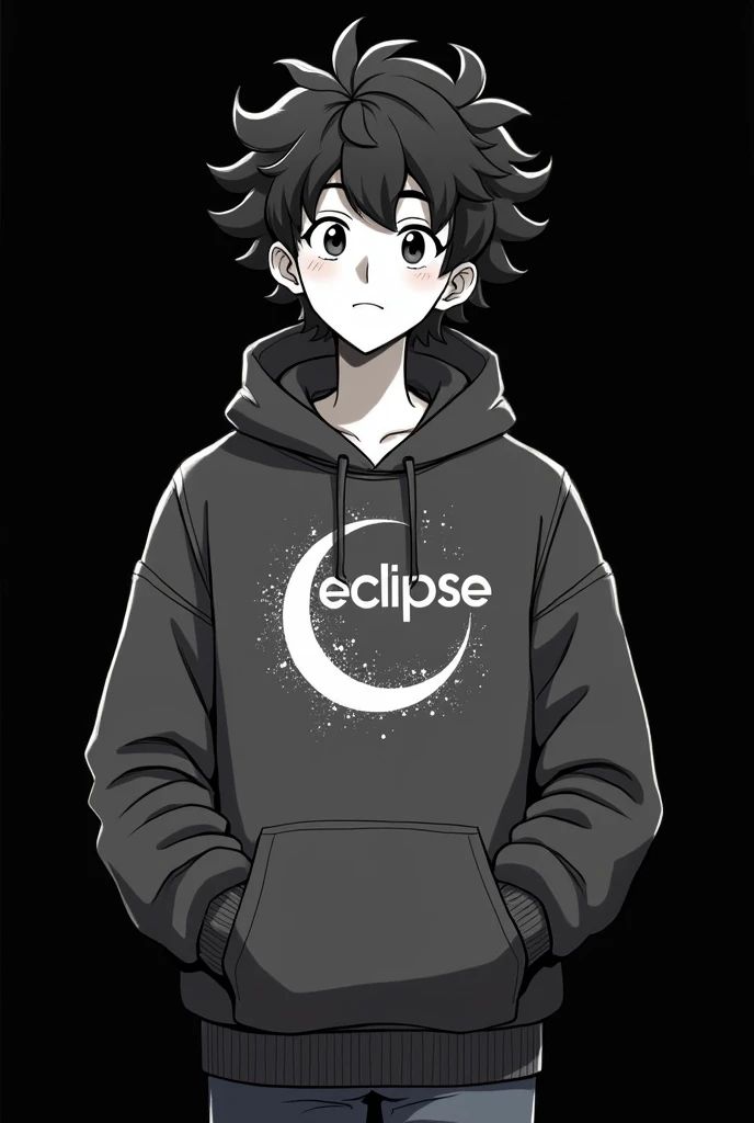 A curly-haired man with a hoodie and he knows that it says KEclipse with an eclipse of the gamige theme a little younger  who looks more animated I. Wants it to be black 