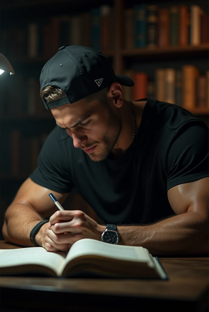 A fit gym boy 2 with low fade hairstyle study in library with a cap and black tishirt in dark Library 