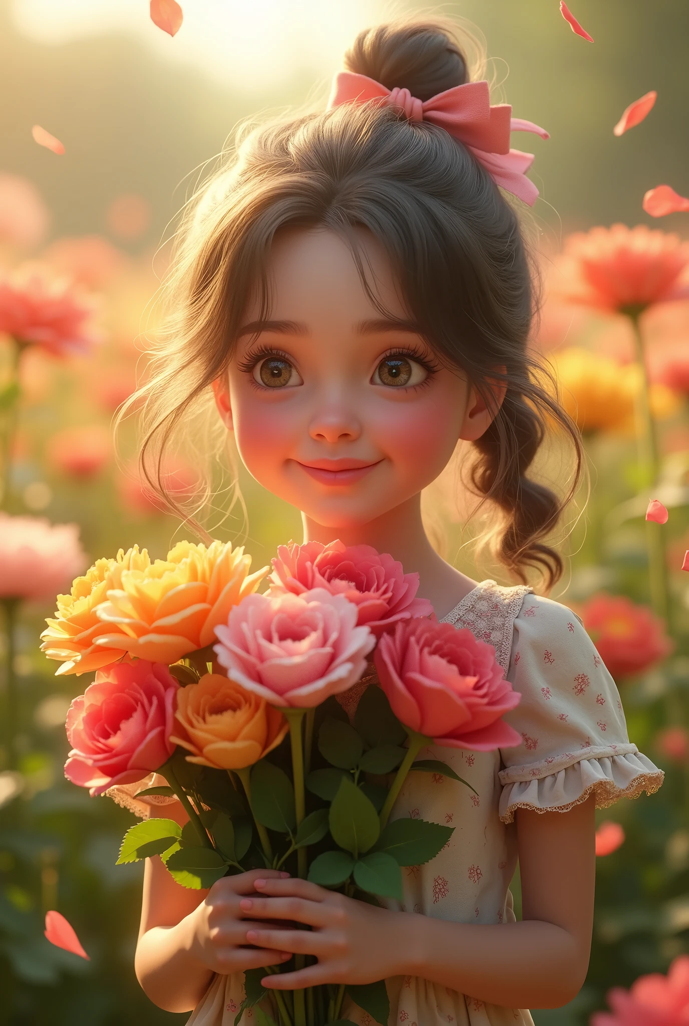 Anime, depth of field, cinematic lighting, lens flare, f/1.2, (Masterpiece: 1.2), (high resolution), flower garden, girl with a bouquet, smile of joy, dancing petals, light effects, emotion photo, full of kindness, (bouquet for you), masterpiece, highest quality, highly detailed CG Unity 8k wallpaper,