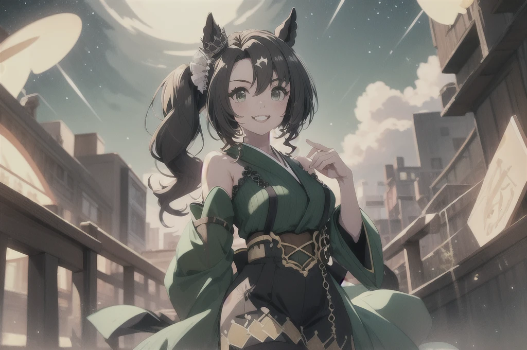 masterpiece、Highest quality、8K、2D Anime、A horse-eared beauty、Touching head with both hands、Looking up、teeth、Dark lipstick、she is a mature woman、A hair ornament on the right side of her head、smile、Some of the bangs are white.、Brown Hair、Long Hair、Half Up、Dark brown eyes、Strapless and shoulderless dark green kimono、Dark green sleeves、skirt、pantyhose、Beautiful breasts、Starry Sky、Strong winds、Chest centered、From the knee up