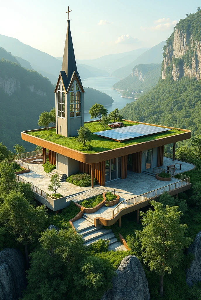 an exterior design of a sustainable building for church with features of solar panels, small wind turbines for energy efficiency, clerestory windows, green roofs, resilient in landslides, water conservation system, LED lightings, and zoomed in to showcase the details of the sustainable building for a church.