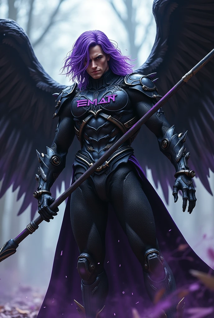 Generate a Man violet long hair and have black wings
Weapon: spear
Outfit:black and violet cybordpuck body
With clear print "EMAN"
Background: realistic