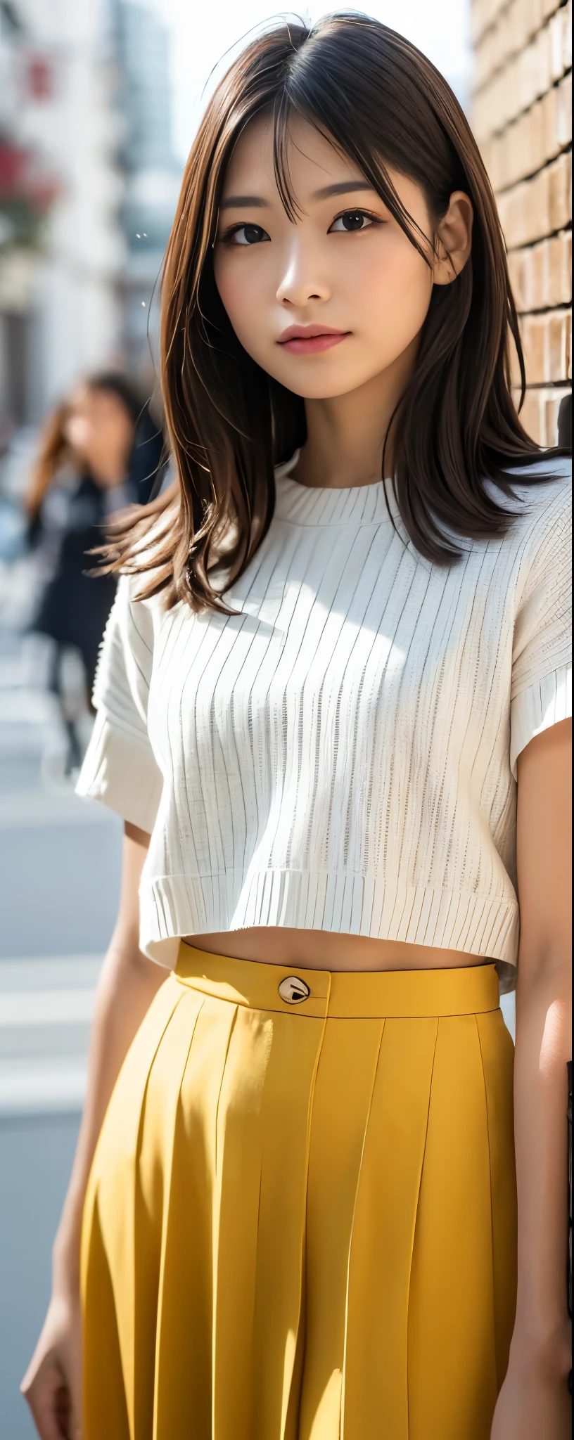 ((top-quality, 8K, masterpiece:1.3)), sharp focus:1.2, Beautiful Women in Perfect Style:1.4, Slender Abs:1.2, wearing oversize sweat shirts:1.5, wide long skirt, ((dark brown hair:1.2)), (natural soft light, City Street:1.1, autum), Highly detailed facial and skin texture, A detailed eye, natural makeup:0.7, double eyelid, uniform, Female,ld