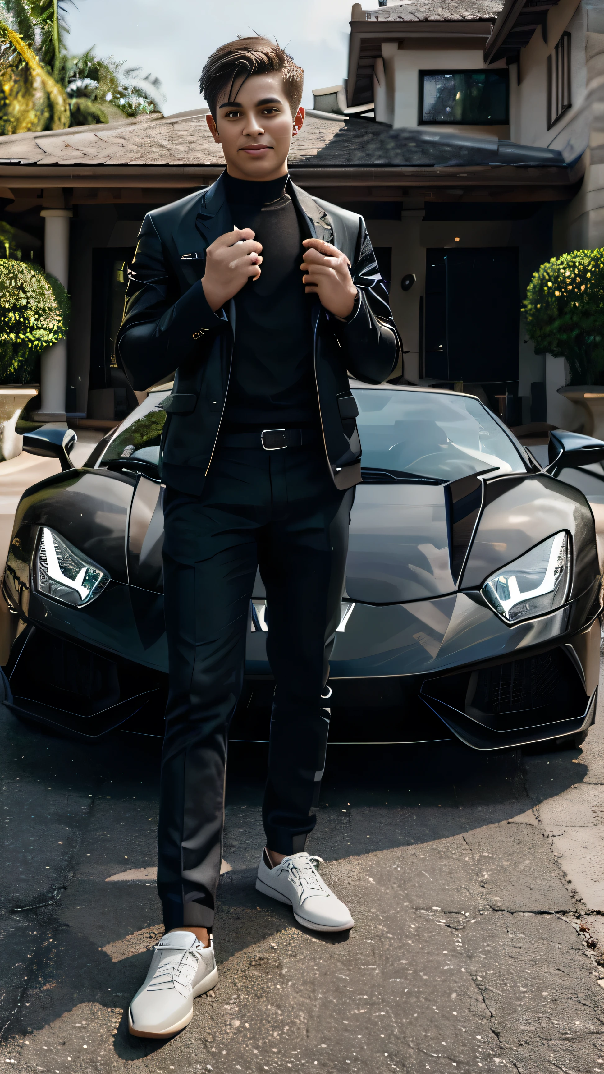 A 1 boy, wearing stylish, casual clothing, stands confidently in front of a luxurious mansion with modern architecture, holding a thick wad of cash in one hand. Behind him, a sleek Lamborghini is parked in the driveway, its polished surface reflecting the light. The setting exudes wealth and success, with the boy's expression showing a mix of pride and youthful exuberance, while the background features the opulence of the grand house and the high-end sports car. The overall atmosphere suggests a life of luxury and affluence, captured in a moment of triumph. 8k
