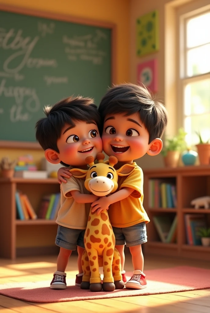  Latino children hugging and a stuffed giraffe between them at a Pixar-style school