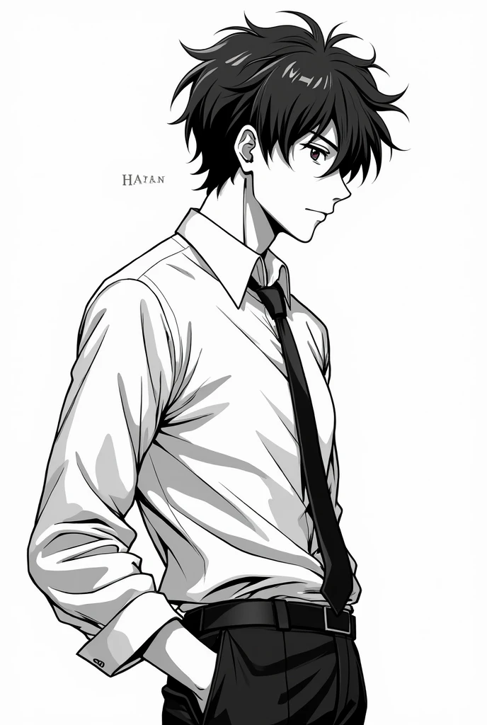 (((Black and white illustration with converging lines)))、(((Young and handsome Japan man)))