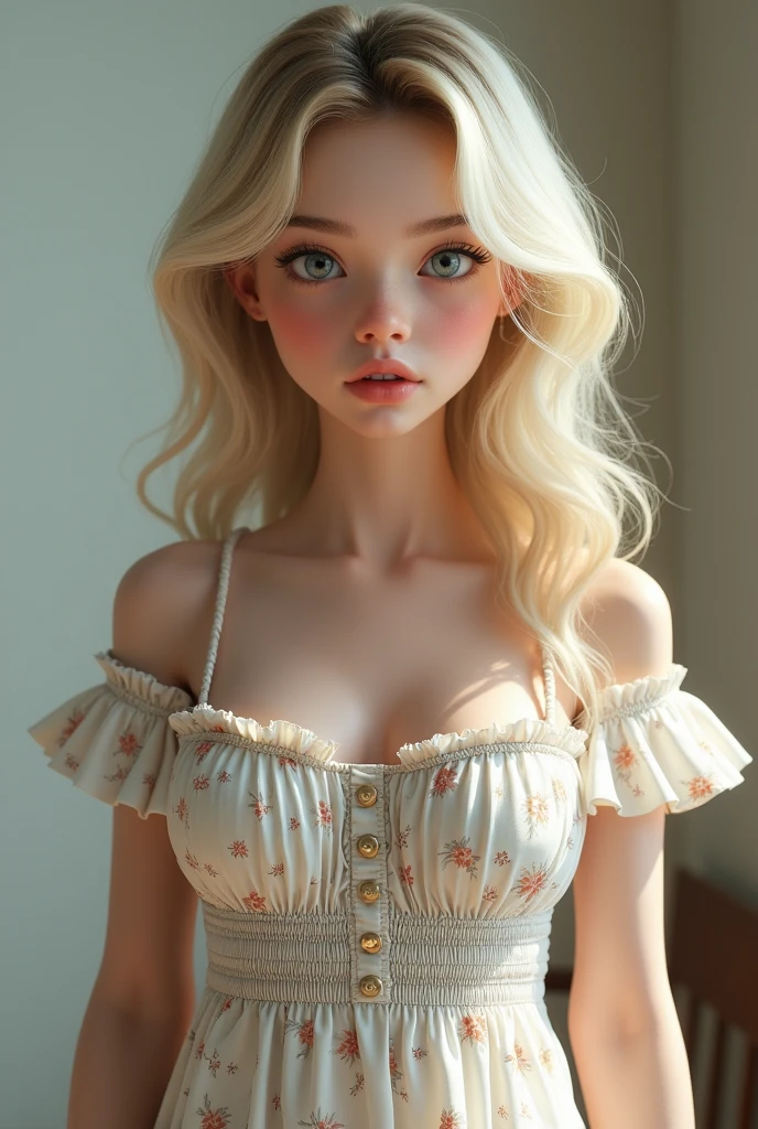 (masterpiece, Highest quality:1.1), (ultra detailed 8k), (hyperRealistic:1.3), (PhotoRealistic:1.4), (Realistic:1.4), realistic texture, [medium Shot], (Soft lighting), 1 beautiful girl, Norwegian, extremely detailed face, 1, blonde hair, light blue eyes, pale white skin, Attire:(Deep cleavage Smocked sundress featuring Off-the-shoulder design with ruffled sleeves, which gives it a casual and feminine look, Smocked bodice (the upper part), which is stretchy and form-fitting, providing a comfortable fit, Short flowy skirt that creates a relaxed and airy feel ideal for warm weather, The fabric has a light and delicate floral pattern, adding to the overall summery vibe), (Big Breasts:1.2), slim waist