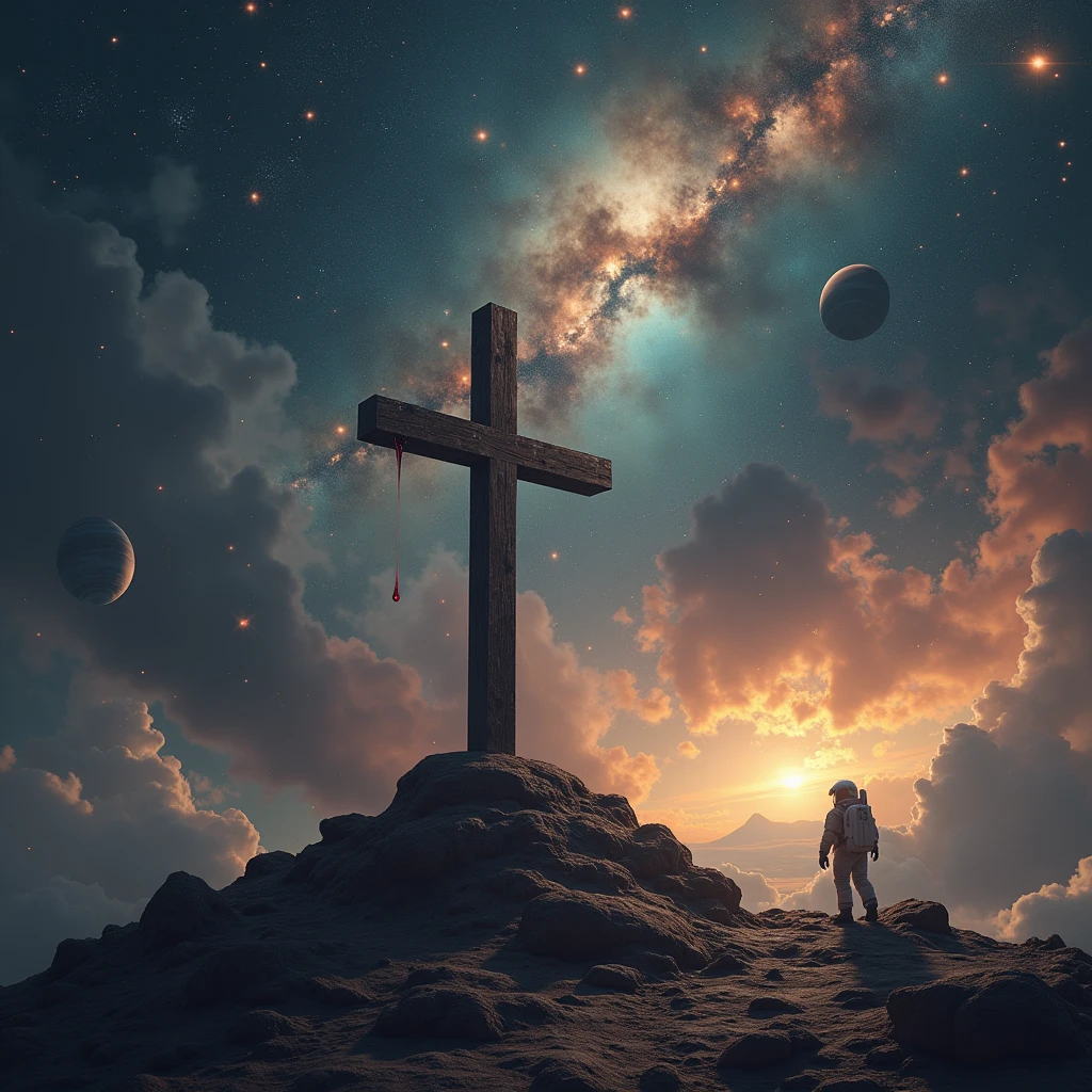 The Cross , May a drop of blood fall from the Cross, outer space , constellations, stars , planets , an astronaut 