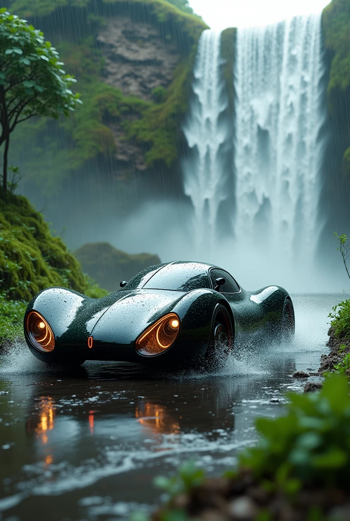 Mussel car doing drift in rain and water fall with nice greenery