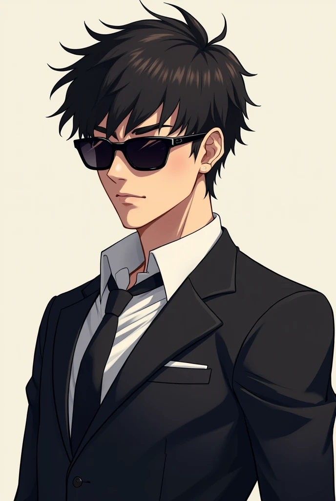 Create a profile pic anime mafia boy with sunglasses on. Both shoulders must be seen. Don't make him too feminine or too masculine. Should not be too skinny