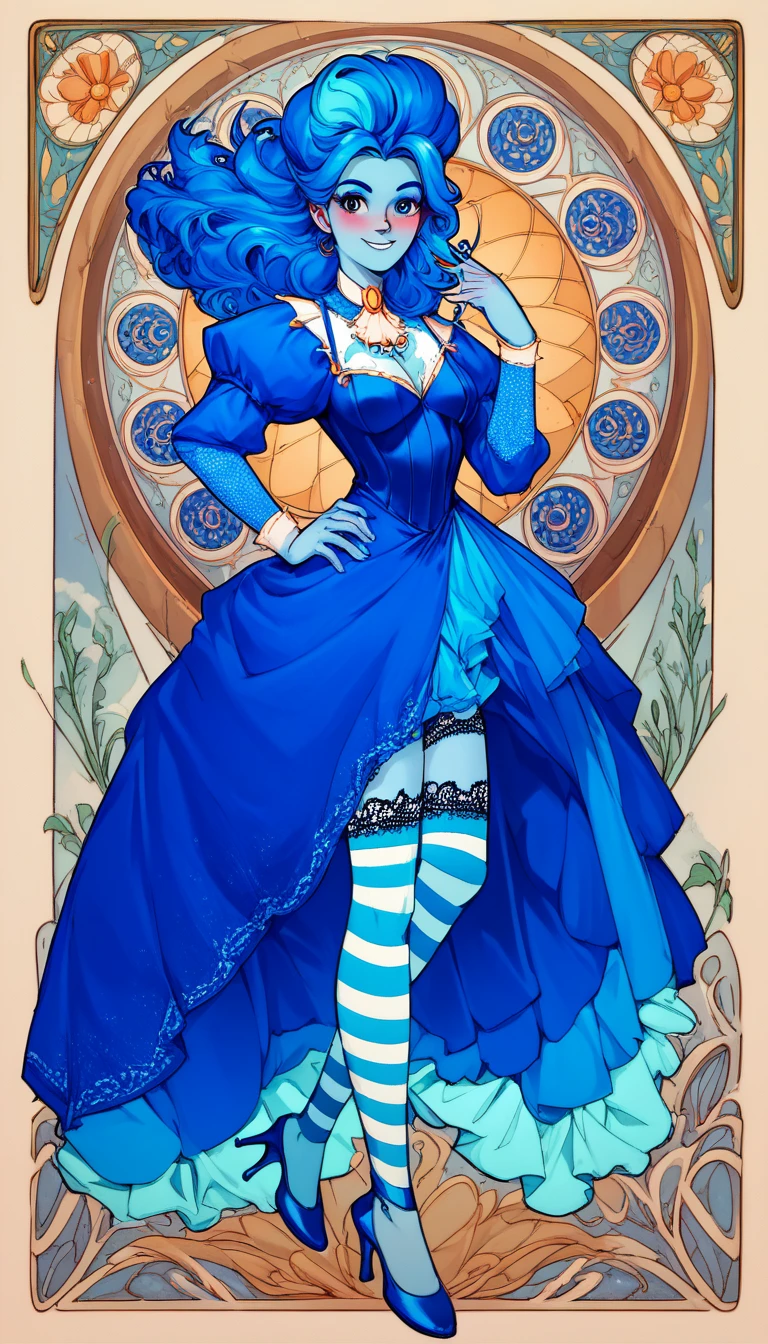 masterpiece, art nouveau, frankelda, 1girl, solo, burlesque dress, striped, blue hair, high heels, colored skin, floating, nauthy smile, blushing, one hand on hip, othe hand up, trim lace stockings