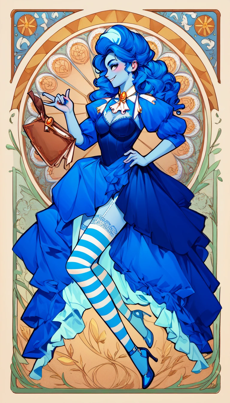 masterpiece, art nouveau, frankelda, 1girl, solo, burlesque dress, striped, blue hair, high heels, colored skin, floating, nauthy smile, blushing, one hand on hip, othe hand up, trim lace stockings