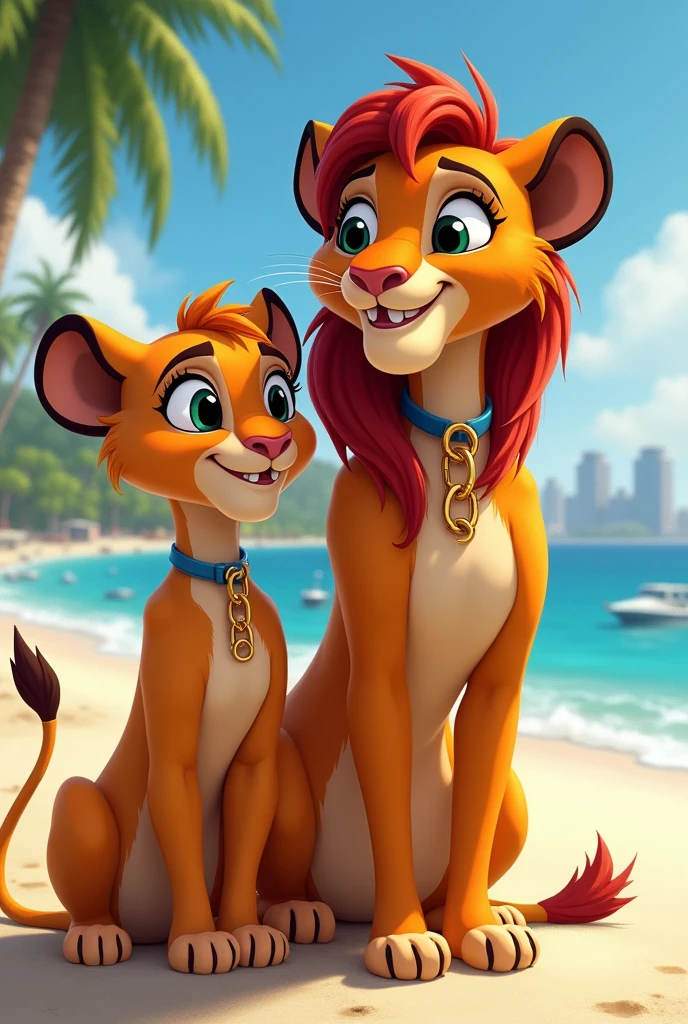 2 female anthropogenic lionesses , A mother with a pet collar chain and her slut daughter holding the chain, Furry Anthropology on the Beach Cartoon Style Zootopia, naked, zootopia style, little , ,(30 year old mother and daughter)